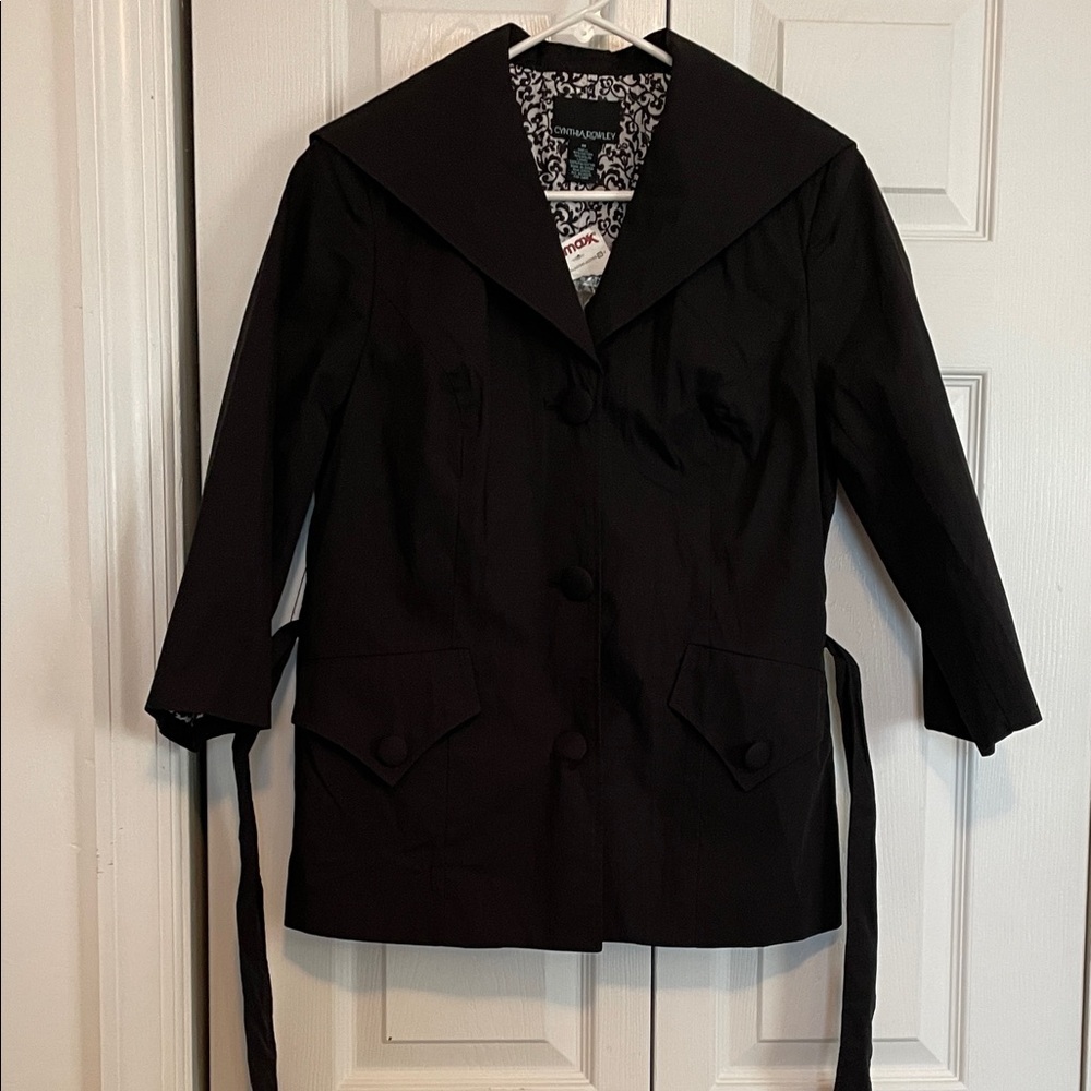 NWT Cynthia Rowley M Black Belted Trench Coat 3/4 sleeves. Shawl collar, pockets